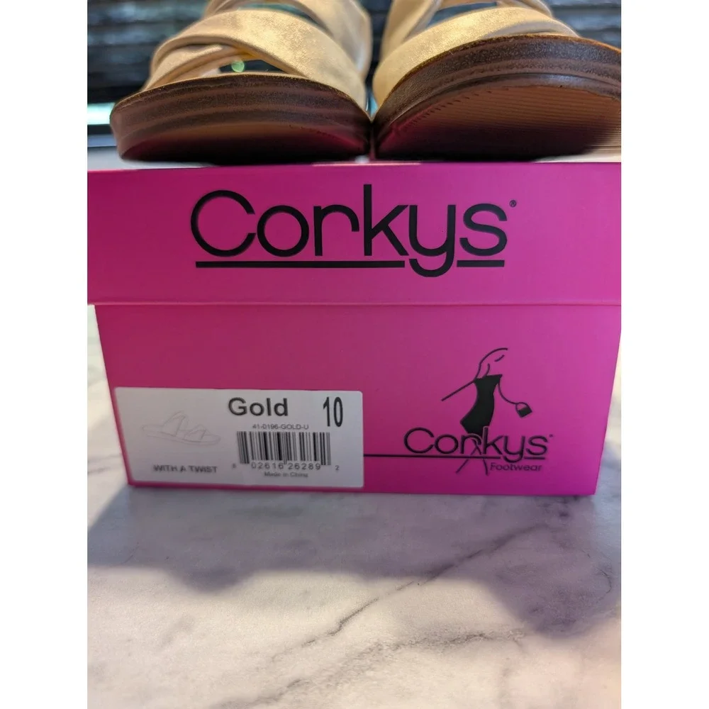 Corkys With A Twist Sandal Women 10 Gold New Metallic Double Strap Slide
